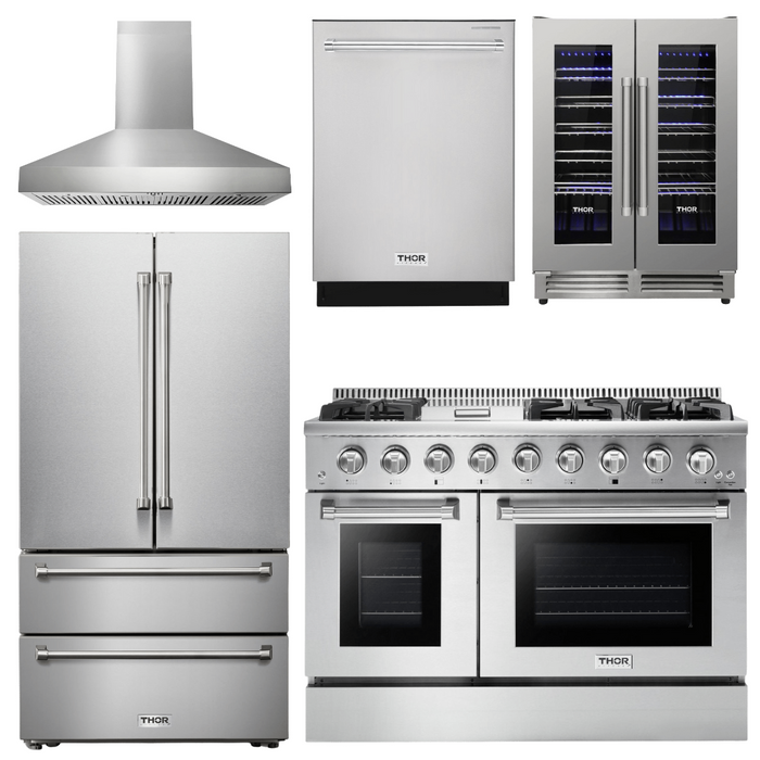 Thor Kitchen Appliance Package - 48 In. Gas Range, Range Hood, Refrigerator, Dishwasher, Wine Cooler, AP-HRG4808U-W-12