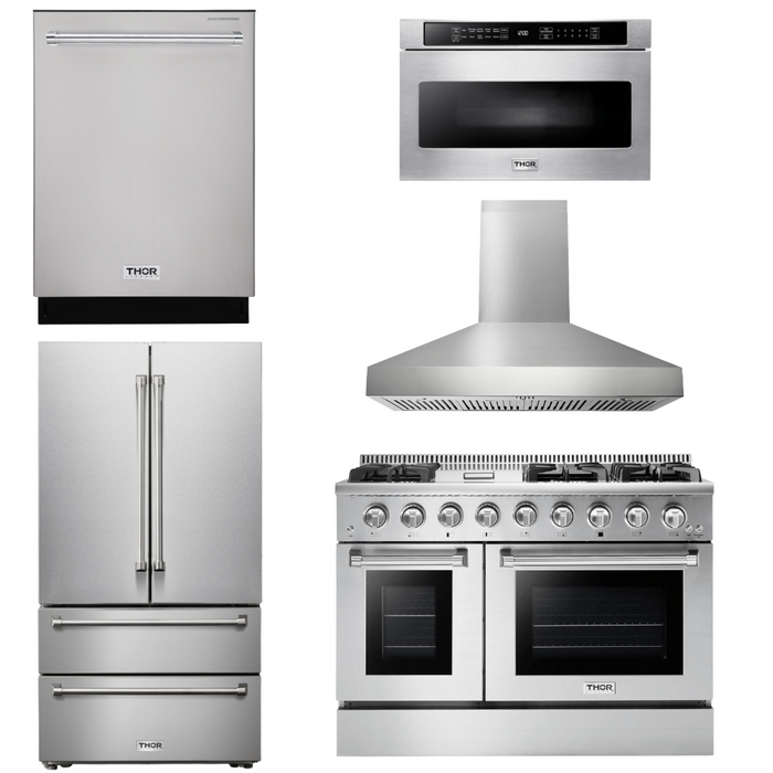 Thor Kitchen Appliance Package - 48 In. Gas Range, Range Hood, Refrigerator, Dishwasher, Microwave Drawer, AP-HRG4808U-W-13