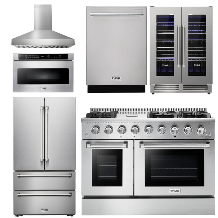 Thor Kitchen Appliance Package - 48 In. Gas Range, Range Hood, Refrigerator, Dishwasher, Microwave Drawer, Wine Cooler, AP-HRG4808U-W-14