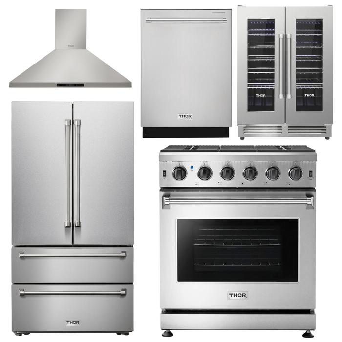 Thor Kitchen Appliance Package - 30 In. Natural Gas Range, Range Hood, Refrigerator, Dishwasher, Wine Cooler, AP-LRG3001U-17