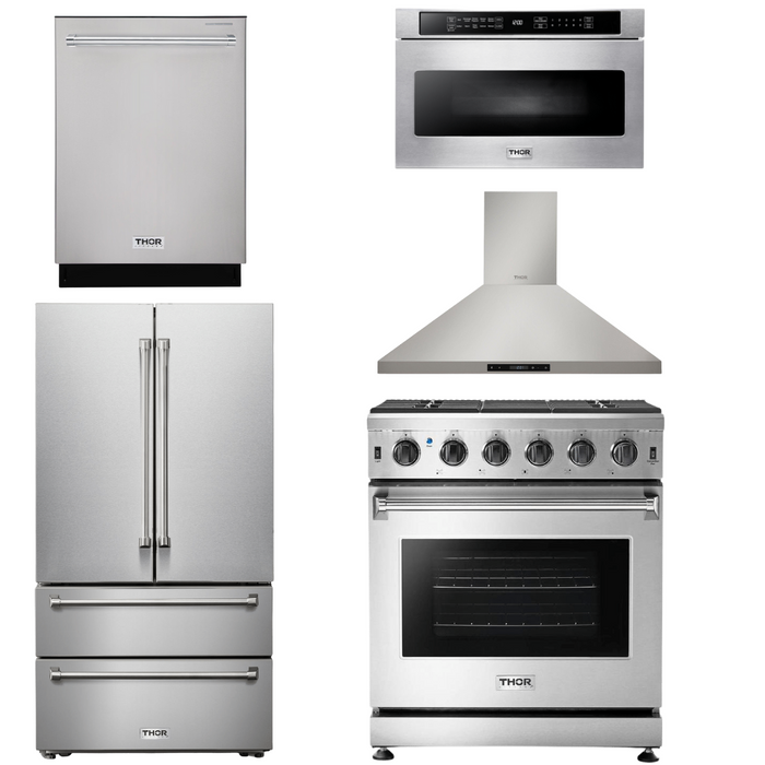 Thor Kitchen Appliance Package - 30 In. Natural Gas Range, Range Hood, Microwave Drawer, Refrigerator, Dishwasher, AP-LRG3001U-19