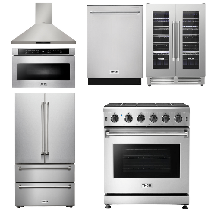 Thor Kitchen Appliance Package - 30 In. Natural Gas Range, Range Hood, Microwave Drawer, Refrigerator, Dishwasher, Wine Cooler, AP-LRG3001U-20