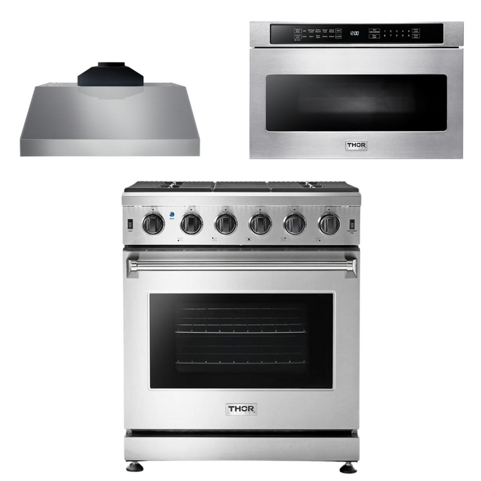 Thor Kitchen Appliance Package - 30 In. Gas Range, Range Hood, Microwave Drawer, AP-LRG3001U-C-4