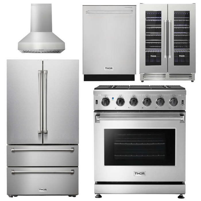 Thor Kitchen Appliance Package - 30 In. Gas Range, Range Hood, Refrigerator, Dishwasher, Wine Cooler, AP-LRG3001U-W-12