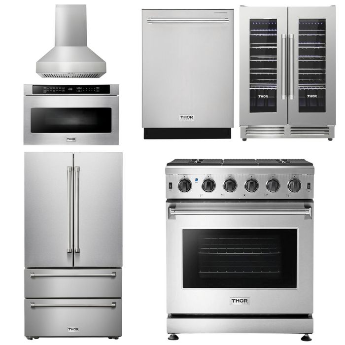 Thor Kitchen Appliance Package - 30 In. Gas Range, Range Hood, Microwave Drawer, Refrigerator with Water and Ice Dispenser, Dishwasher, Wine Cooler, AP-LRG3001U-W-14