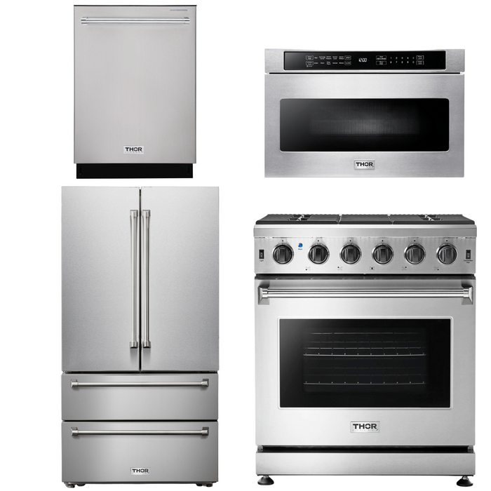 Thor Kitchen Appliance Package - 30 In. Propane Gas Range, Microwave Drawer, Refrigerator, Dishwasher, AP-LRG3001ULP-18