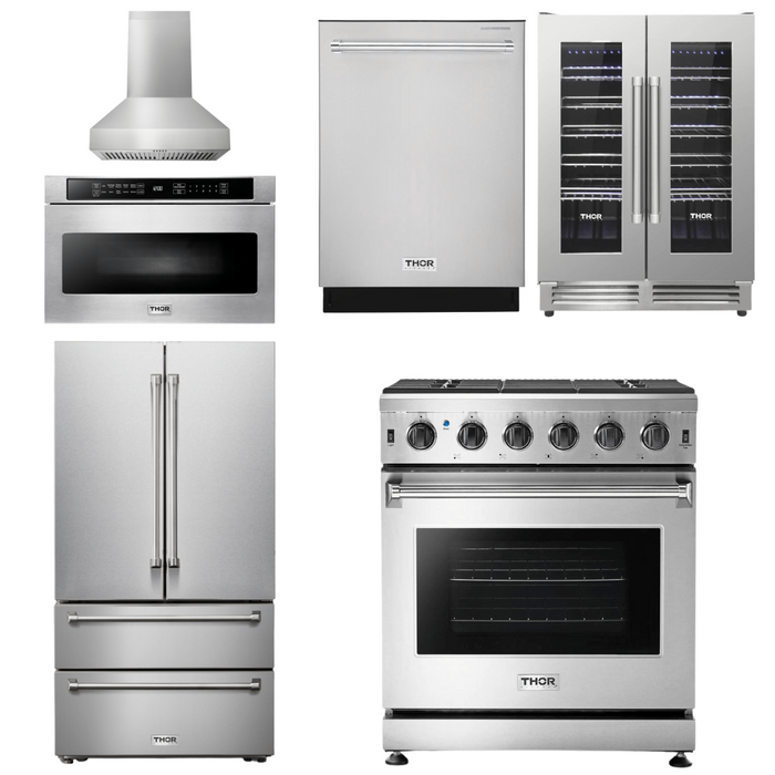 Thor Kitchen Appliance Package - 30 In. Propane Gas Range, Range Hood, Microwave Drawer, Refrigerator, Dishwasher, Wine Cooler, AP-LRG3001ULP-W-14