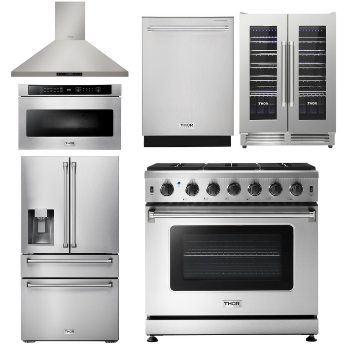 Thor Kitchen Appliance Package - 36 in. Propane Gas Range, Range Hood, Microwave Drawer, Refrigerator with Fridge and Ice Maker, Dishwasher, Wine Cooler, AP-LRG3601ULP-14