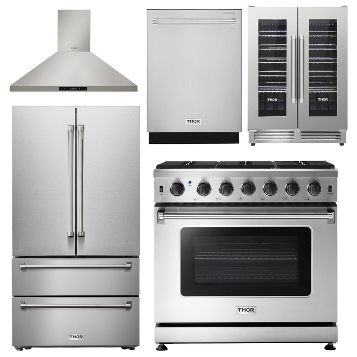 Thor Kitchen Appliance Package - 36 In. Propane Gas Range, Range Hood, Refrigerator, Dishwasher, Wine Cooler, AP-LRG3601ULP-17