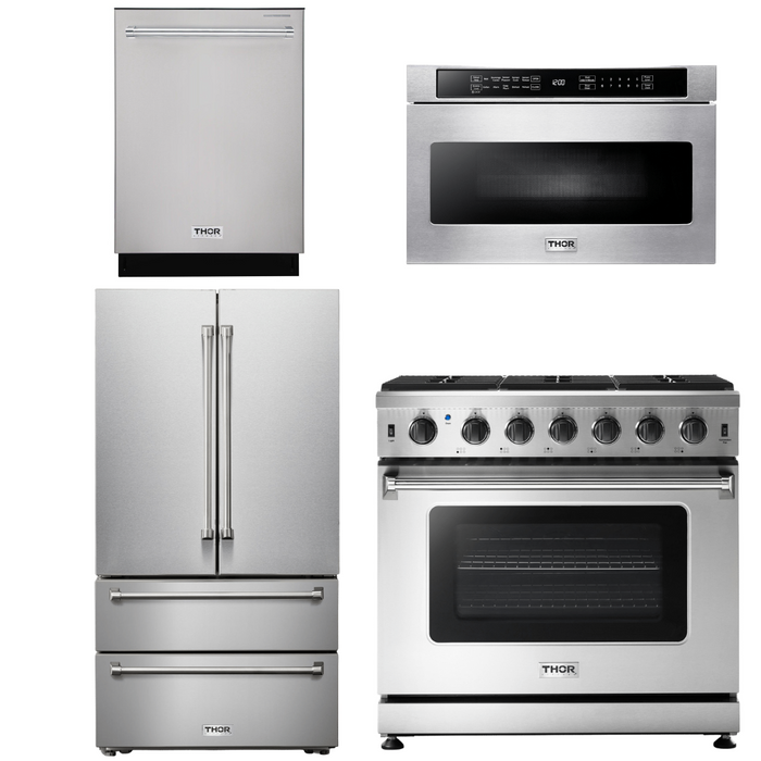 Thor Kitchen Appliance Package - 36 In. Natural Gas Range, Microwave Drawer, Refrigerator, Dishwasher, AP-LRG3601U-18