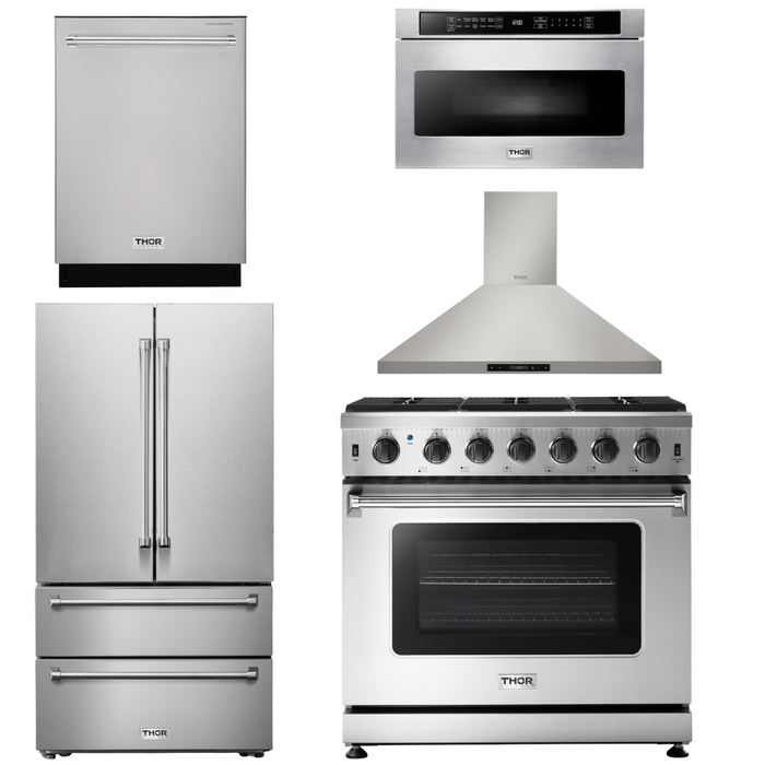 Thor Kitchen Appliance Package - 36 In. Propane Gas Range, Range Hood, Microwave Drawer, Refrigerator, Dishwasher, AP-LRG3601ULP-19