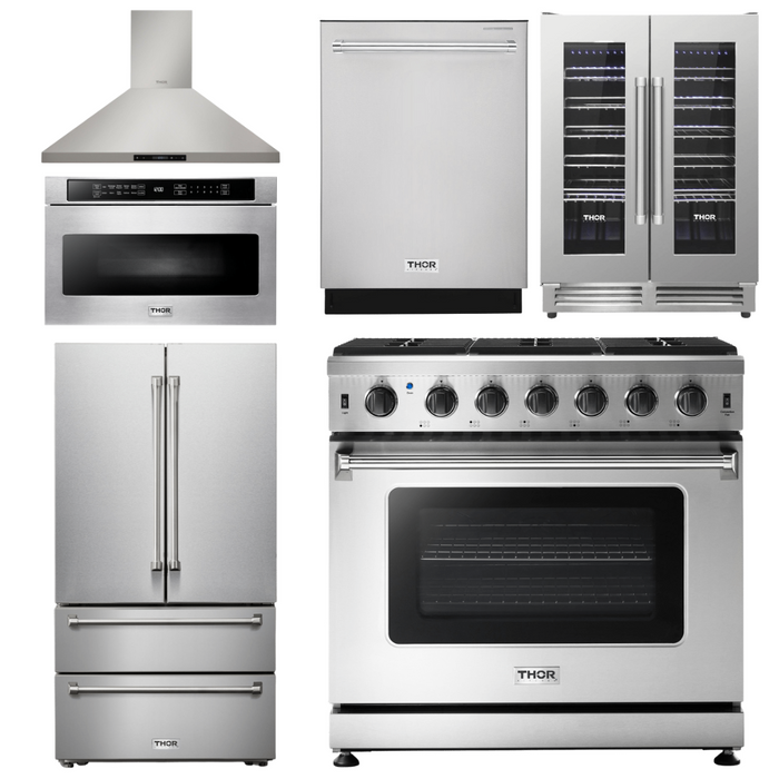 Thor Kitchen Appliance Package - 36 In. Propane Gas Range, Range Hood, Microwave Drawer, Refrigerator, Dishwasher, Wine Cooler, AP-LRG3601ULP-20