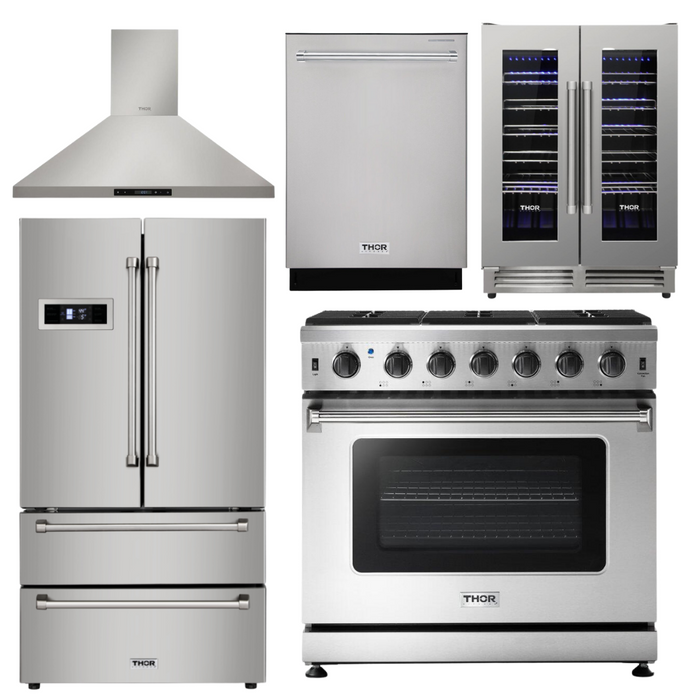 Thor Kitchen Appliance Bundle - 36 in. Natural Gas Range, Range Hood, Refrigerator, Dishwasher, Wine Cooler, AB-LRG3601U-4