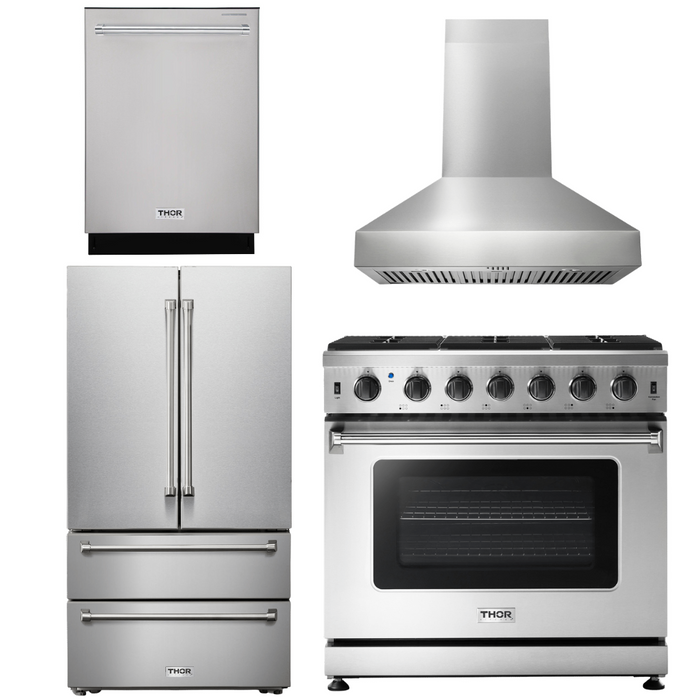 Thor Kitchen Appliance Package - 36 In. Gas Range, Range Hood, Refrigerator, Dishwasher, AP-LRG3601U-W-11