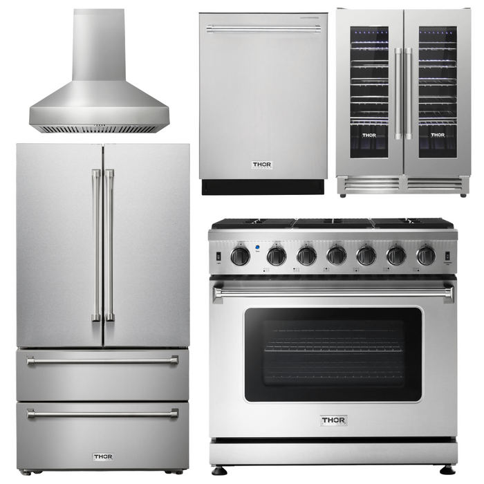 Thor Kitchen Appliance Package - 36 In. Natural Gas Range, Range Hood, Refrigerator, Dishwasher, Wine Cooler, AP-LRG3601U-W-12