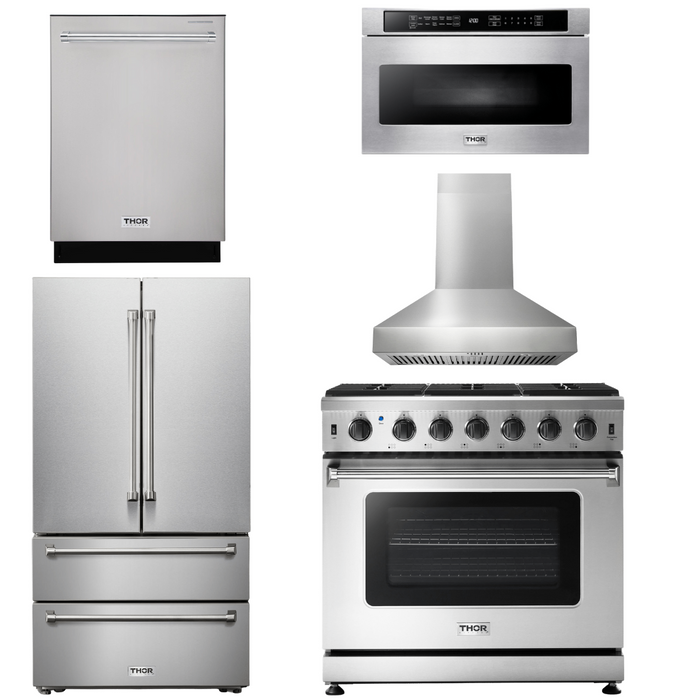 Thor Kitchen Appliance Package - 36 In. Natural Gas Range, Range Hood, Microwave Drawer, Refrigerator, Dishwasher, AP-LRG3601U-W-13