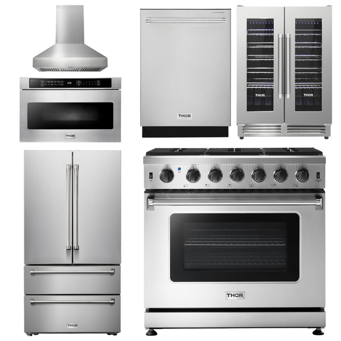 Thor Kitchen Appliance Package - 36 In. Natural Gas Range, Range Hood, Microwave Drawer, Refrigerator, Dishwasher, Wine Cooler, AP-LRG3601U-W-14