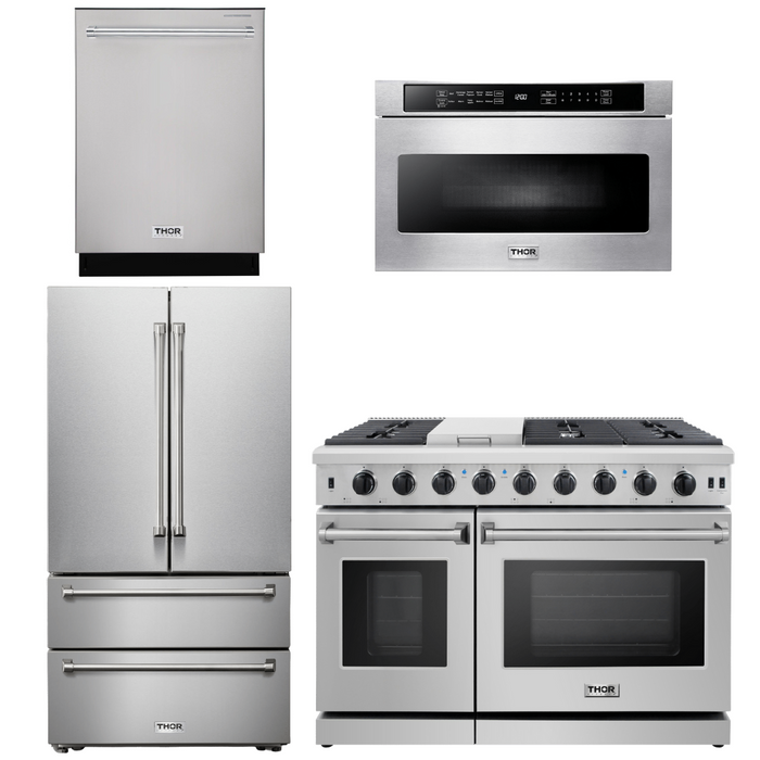 Thor Kitchen Package - 48 In. Gas Range, Dishwasher, Refrigerator, Microwave Drawer, AP-LRG4807U-18