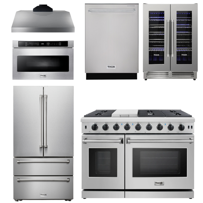 Thor Kitchen Package - 48 In. Gas Range, Range Hood, Refrigerator, Dishwasher, Wine Cooler, Microwave, AP-LRG4807U-20