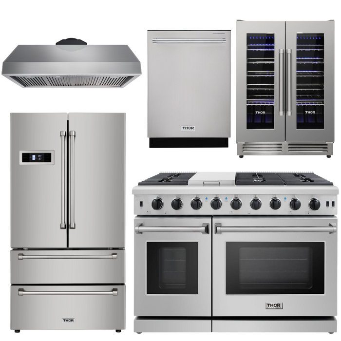 Thor Kitchen Appliance Bundle - 48 in. Gas Range, Range Hood, Refrigerator, Dishwasher, Wine Cooler, AB-LRG4807U-4