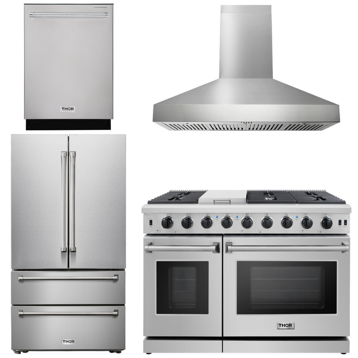 Thor Kitchen Appliance Package - 48 In. Gas Range, Range Hood, Dishwasher, Refrigerator, AP-LRG4807U-W-11