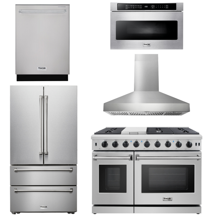 Thor Kitchen Appliance Package - 48 In. Gas Range, Range Hood, Dishwasher, Refrigerator, Microwave Drawer, AP-LRG4807U-W-13