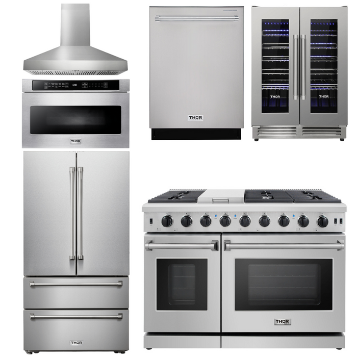 Thor Kitchen Appliance Package - 48 In. Gas Range, Range Hood, Refrigerator, Dishwasher, Wine Cooler, Microwave, AP-LRG4807U-W-14