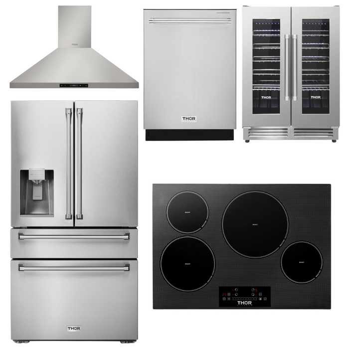 Thor Kitchen Appliance Package - 30 In. Induction Cooktop, Range Hood, Refrigerator with Water and Ice Dispenser, Dishwasher, Wine Cooler, AP-TIH30-11