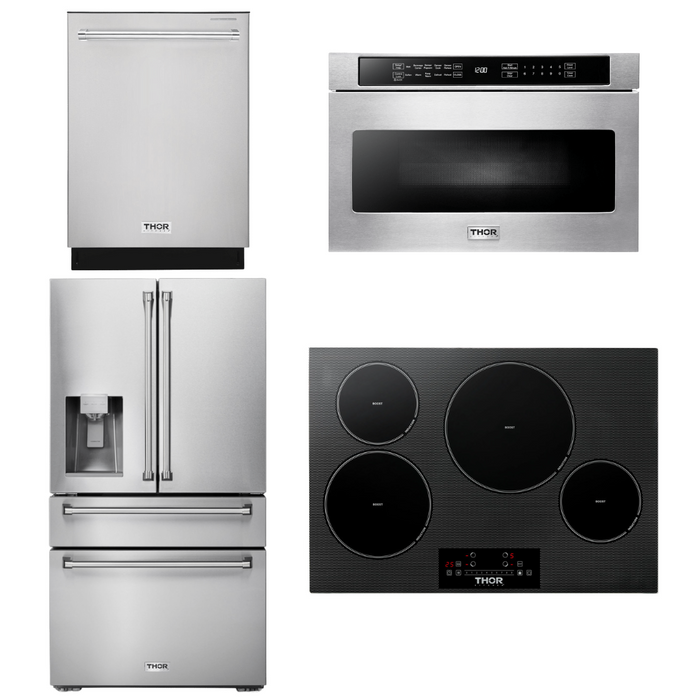 Thor Kitchen Appliance Package - 30 In. Induction Cooktop, Microwave Drawer, Refrigerator with Water and Ice Dispenser, Dishwasher, AP-TIH30-12