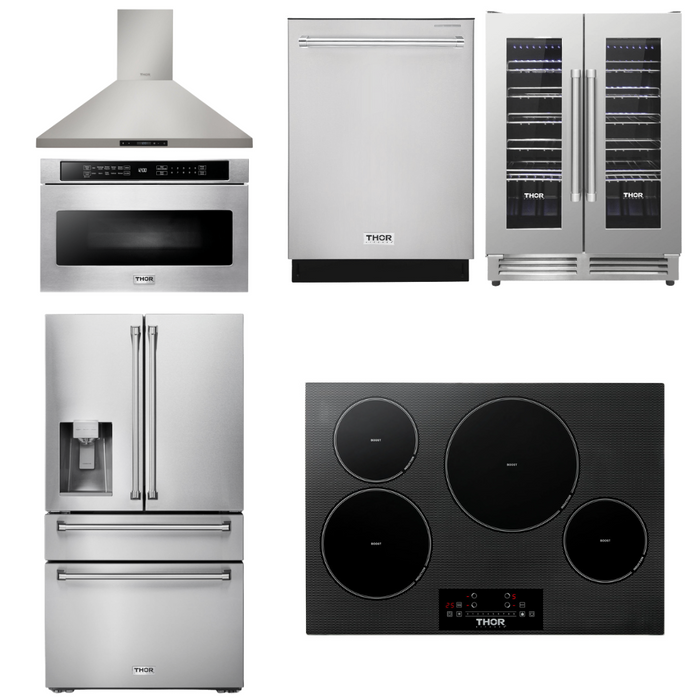 Thor Kitchen Appliance Package - 30 In. Induction Cooktop, Range Hood, Microwave Drawer, Refrigerator with Water and Ice Dispenser, Dishwasher, Wine Cooler, AP-TIH30-14