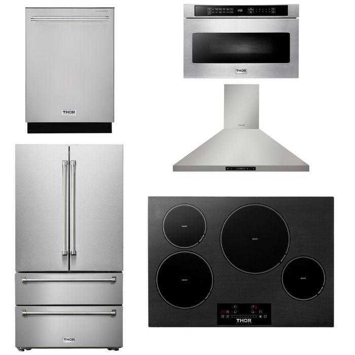 Thor Kitchen Appliance Package - 30 In. Induction Cooktop, Range Hood, Microwave Drawer, Refrigerator, Dishwasher, AP-TIH30-7