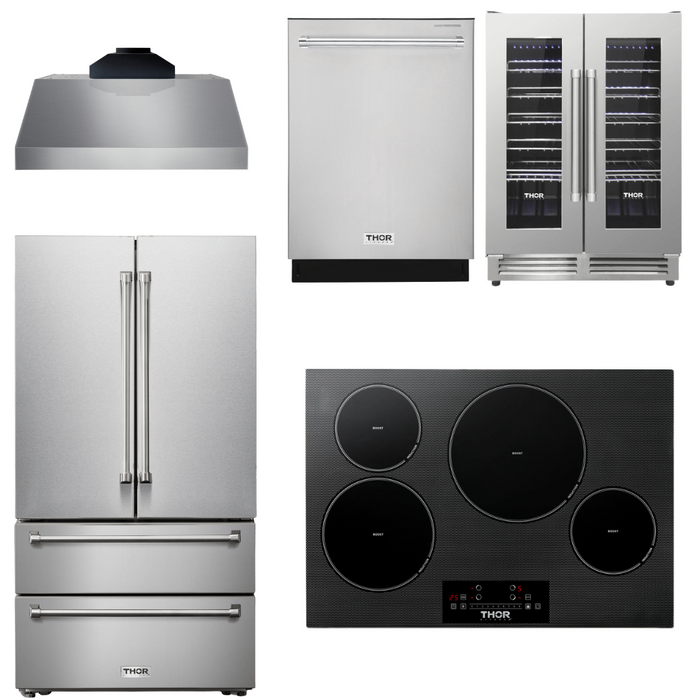 Thor Kitchen Appliance Package - 30 In. Induction Cooktop, Range Hood, Refrigerator, Dishwasher, Wine Cooler, AP-TIH30-C-3