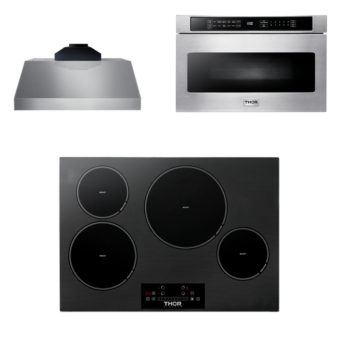 Thor Kitchen Appliance Package - 30 In. Induction Cooktop, Range Hood, Microwave Drawer, AP-TIH30-C-4