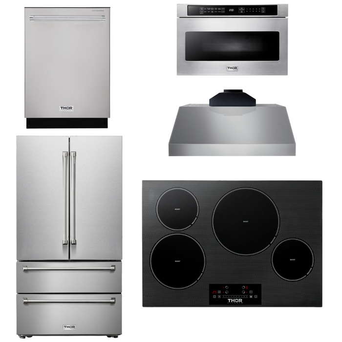 Thor Kitchen Appliance Package - 30 In. Induction Cooktop, Range Hood, Microwave Drawer, Refrigerator, Dishwasher, AP-TIH30-C-5