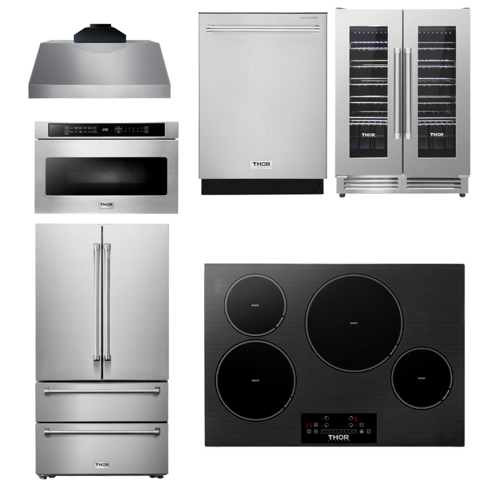 Thor Kitchen Appliance Package - 30 In. Induction Cooktop, Range Hood, Microwave Drawer, Refrigerator, Dishwasher, Wine Cooler, AP-TIH30-C-6