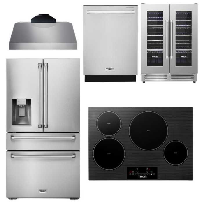 Thor Kitchen Appliance Package - 30 In. Induction Cooktop, Range Hood, Refrigerator with Water and Ice Dispenser, Dishwasher, Wine Cooler, AP-TIH30-C-8