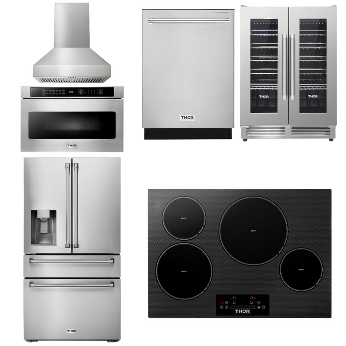 Thor Kitchen Appliance Package - 30 In. Induction Cooktop, Range Hood, Microwave Drawer, Refrigerator with Water and Ice Dispenser, Dishwasher, Wine Cooler, AP-TIH30-W-10