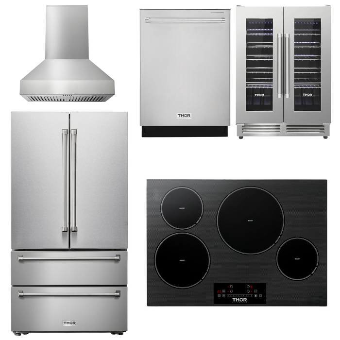 Thor Kitchen Appliance Package - 30 In. Induction Cooktop, Range Hood, Refrigerator, Dishwasher, Wine Cooler, AP-TIH30-W-3