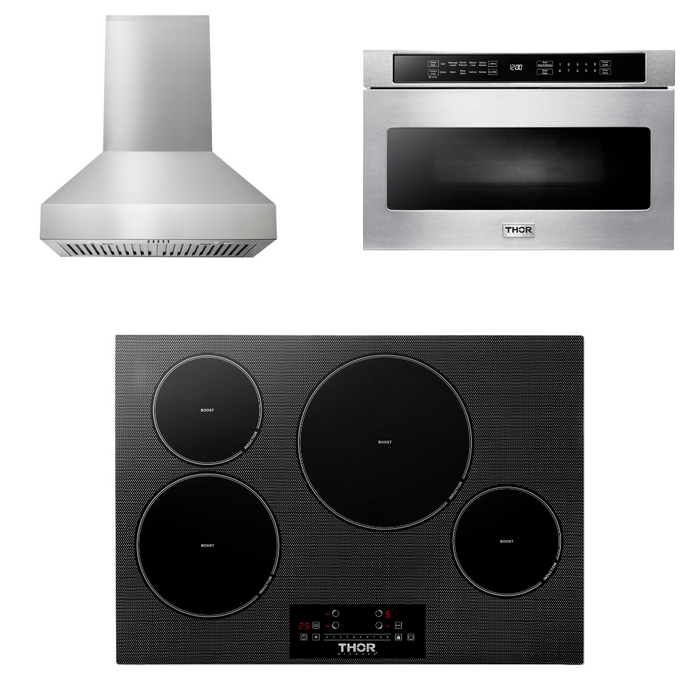 Thor Kitchen Appliance Package - 30 In. Induction Cooktop, Range Hood, Microwave Drawer, AP-TIH30-W-4