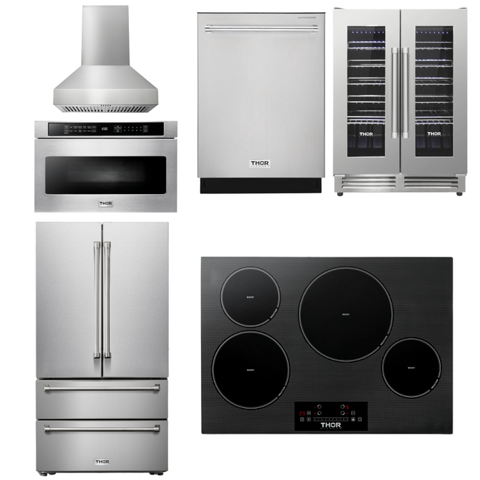 Thor Kitchen Appliance Package - 30 In. Induction Cooktop, Range Hood, Microwave Drawer, Refrigerator, Dishwasher, Wine Cooler, AP-TIH30-W-6