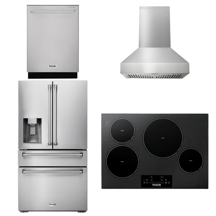 Thor Kitchen Appliance Package - 30 In. Induction Cooktop, Range Hood, Refrigerator with Water and Ice Dispenser, Dishwasher, AP-TIH30-W-7