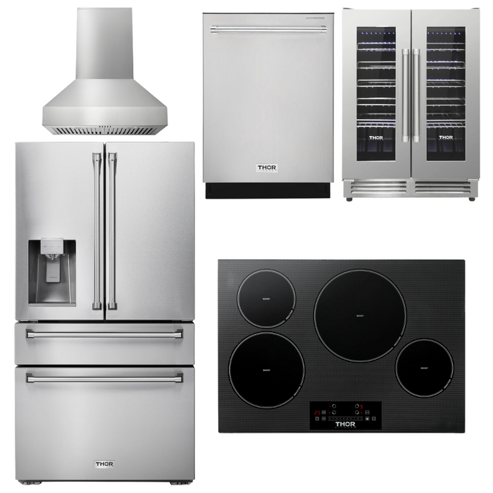 Thor Kitchen Appliance Package - 30 In. Induction Cooktop, Range Hood, Refrigerator with Water and Ice Dispenser, Dishwasher, Wine Cooler, AP-TIH30-W-8