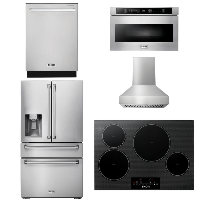 Thor Kitchen Appliance Package - 30" Induction Cooktop, Range Hood, Microwave Drawer, Refrigerator with Water and Ice Dispenser, Dishwasher, AP-TIH30-W-9