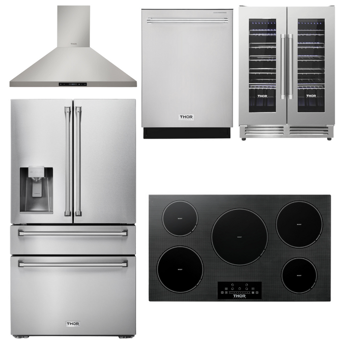 Thor Kitchen Appliance Package - 36 In. Induction Cooktop, Range Hood, Refrigerator with Water and Ice Dispenser, Dishwasher, Wine Cooler, AP-TIH36-11