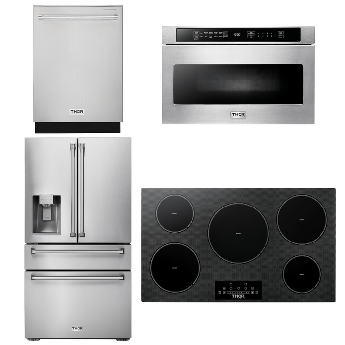 Thor Kitchen Appliance Package - 36 In. Induction Cooktop, Microwave Drawer, Refrigerator with Water and Ice Dispenser, Dishwasher, AP-TIH36-12