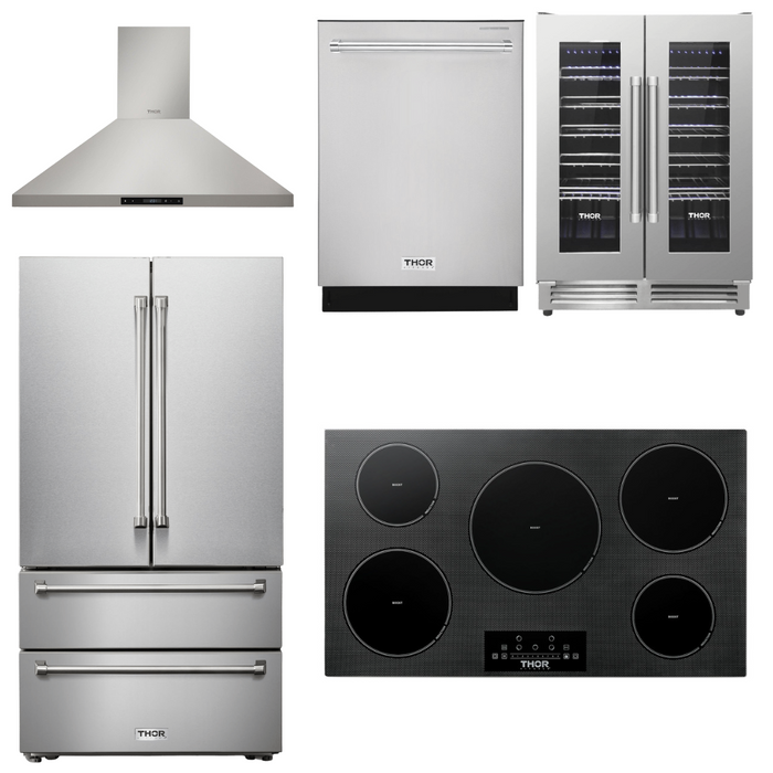 Thor Kitchen Appliance Package - 36 In. Induction Cooktop, Range Hood, Refrigerator, Dishwasher, Wine Cooler, AP-TIH36-4