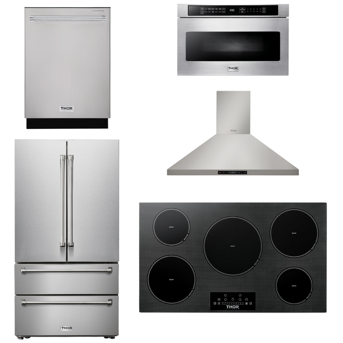 Thor Kitchen Appliance Package - 36 In. Induction Cooktop, Range Hood, Microwave Drawer, Refrigerator, Dishwasher, AP-TIH36-7