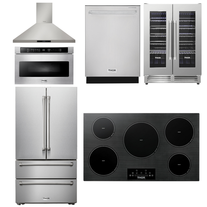 Thor Kitchen Appliance Package - 36 In. Induction Cooktop, Range Hood, Microwave Drawer, Refrigerator, Dishwasher, Wine Cooler, AP-TIH36-8