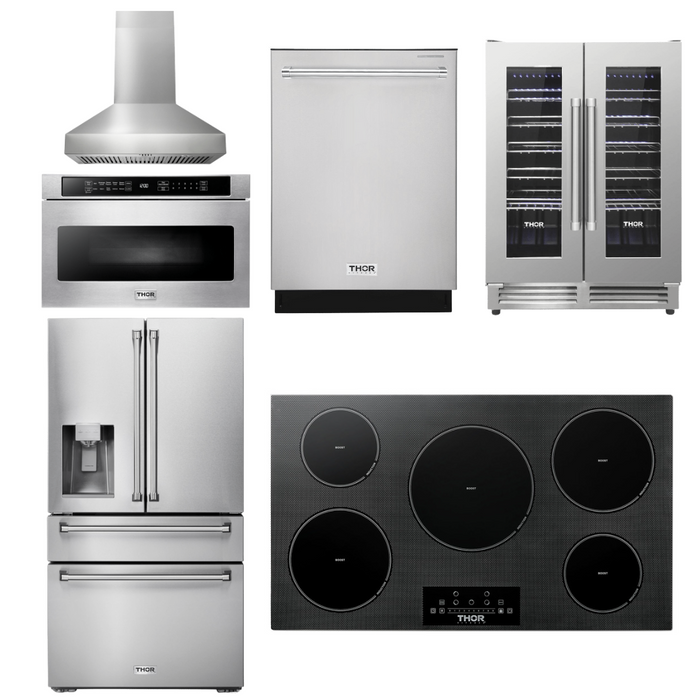 Thor Kitchen Appliance Package - 36 In. Induction Cooktop, Range Hood, Microwave Drawer, Refrigerator with Water and Ice Dispenser, Dishwasher, Wine Cooler, AP-TIH36-W-10