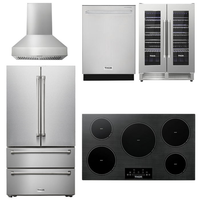 Thor Kitchen Appliance Package - 36 In. Induction Cooktop, Range Hood, Refrigerator, Dishwasher, Wine Cooler, AP-TIH36-W-3